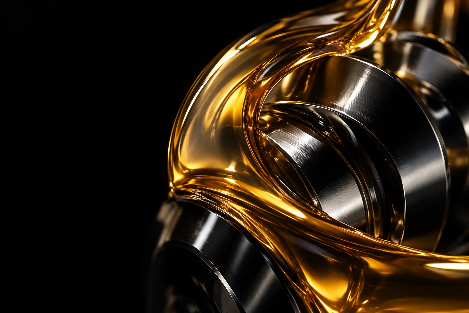 Golden lubricant flowing over polished metal — conceptual artwork